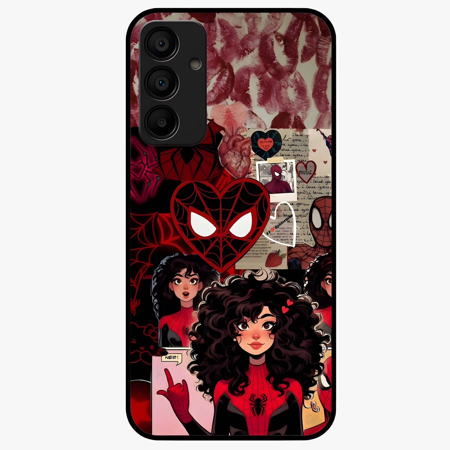 Spider Love Story Glass Case showing flat back view with romantic superhero themed artwork and glossy glass finish.