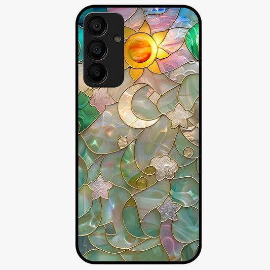Stained Sunrise Glow Glass Case showing flat back view with glowing sunrise stained pattern artwork and glossy glass finish.