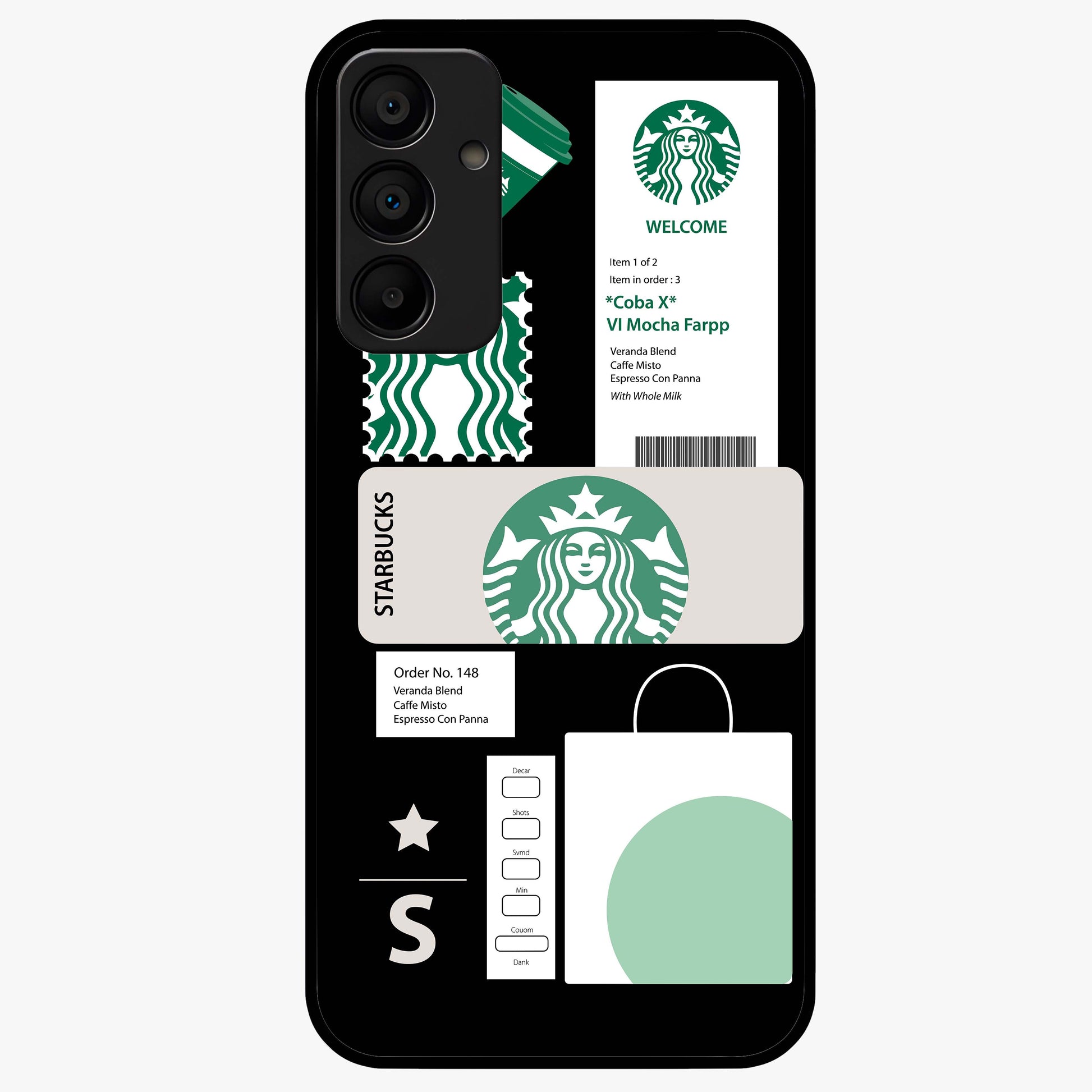 Starbucks Mocha Glass Case showing flat back view with coffee inspired artwork and glossy glass finish.