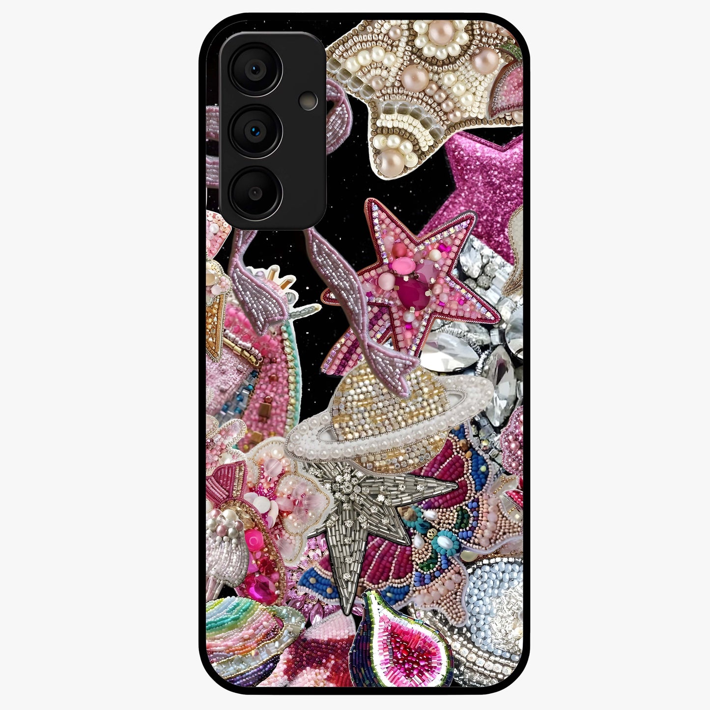 Starlit Jewel Dream Glass Case showing flat back view with sparkling jewel and star themed artwork and glossy glass finish.