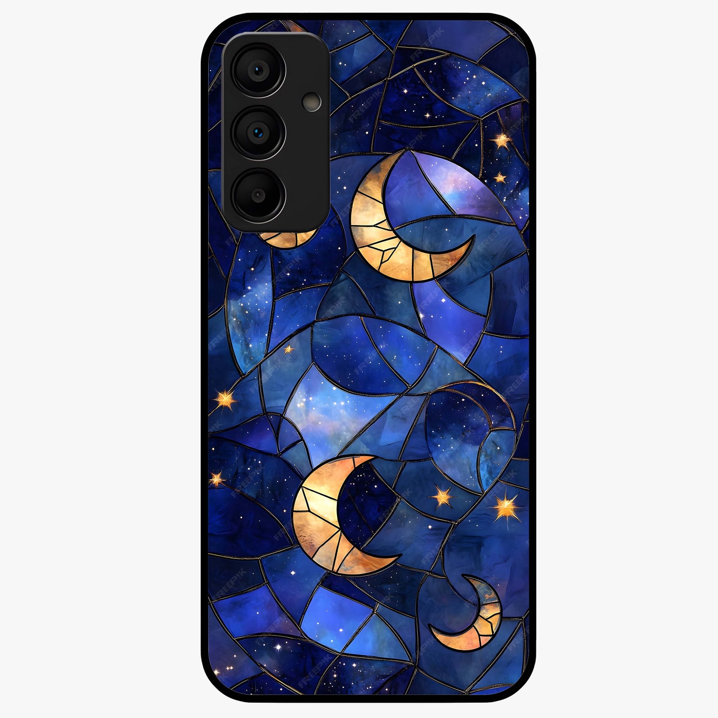 Starlit Sky Tapestry Glass Case showing flat back view with decorative starry sky tapestry artwork and glossy glass finish.