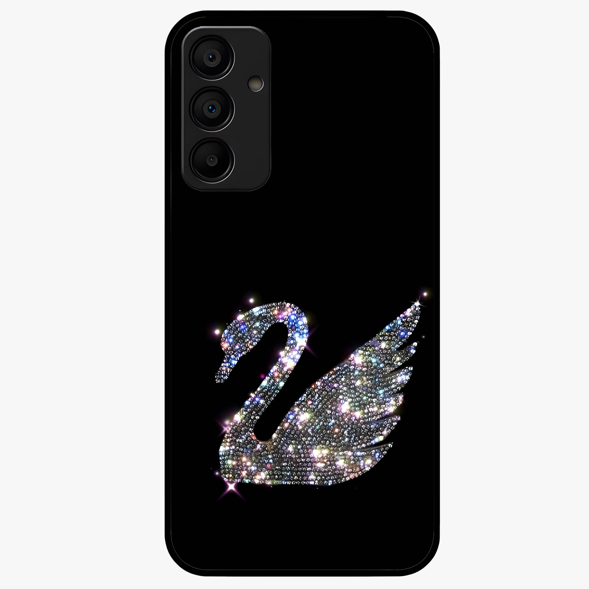 Starlit Swan Grace Glass Case showing flat back view with graceful swan artwork under starry sky and glossy glass finish.