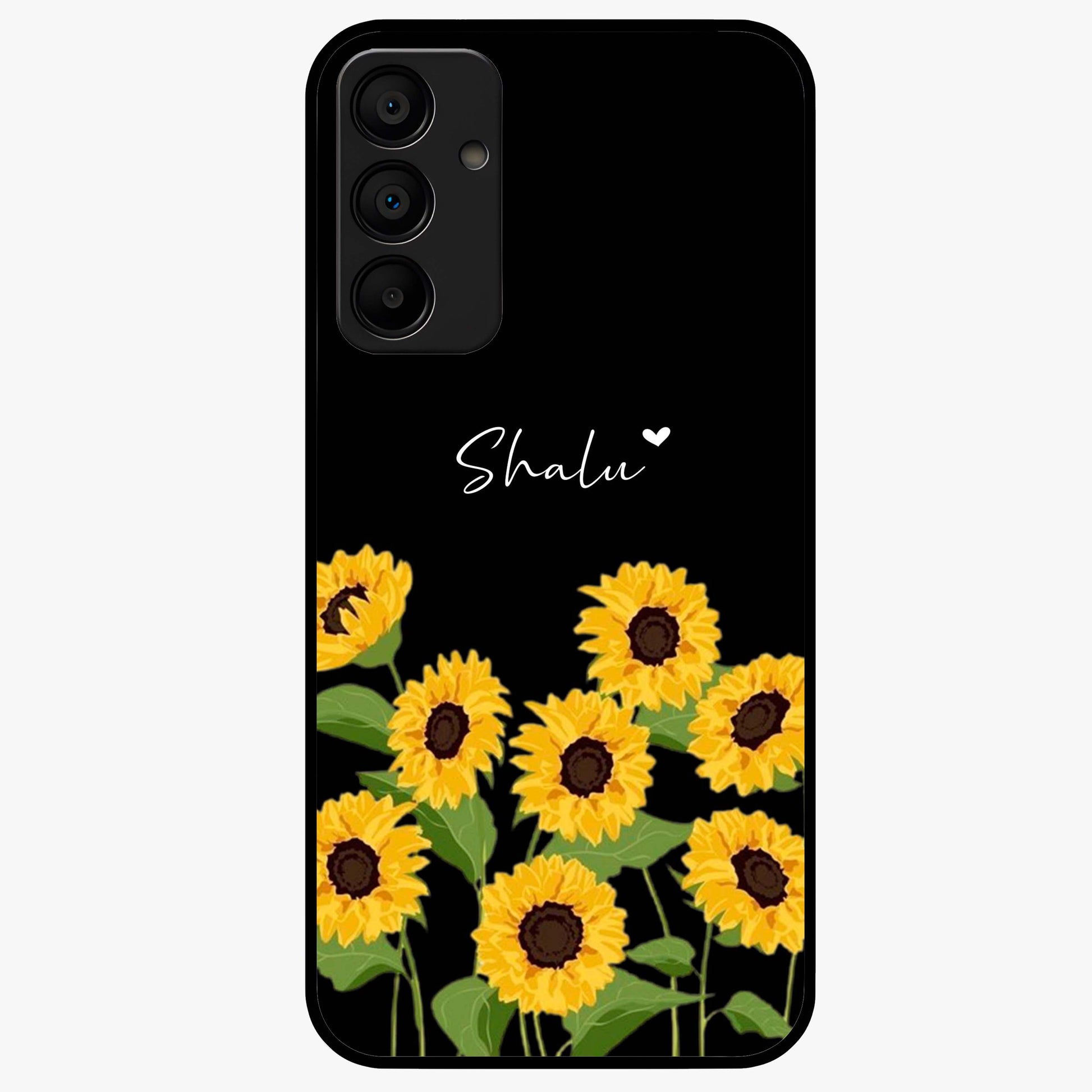 Sunflower Chic Mood Custom Name Glass Case showing flat back view with stylish sunflower artwork and personalized name design.