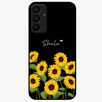 Sunflower Chic Mood Custom Name Glass Case showing flat back view with stylish sunflower artwork and personalized name design.