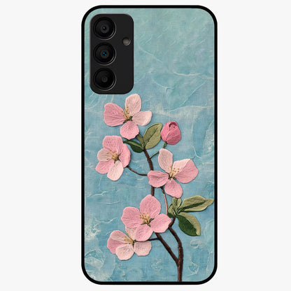 Threaded Blossom Breeze Glass Case showing flat back view with delicate blossom artwork and glossy glass finish.