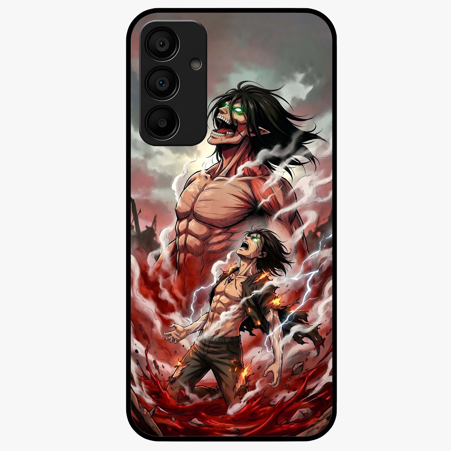 Titan Awakening Fury Glass Case showing flat back view with powerful titan inspired artwork and glossy glass finish.