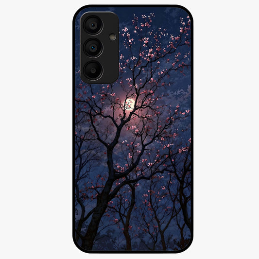 Twilight Sakura Serenade Glass Case showing flat back view with cherry blossom artwork at twilight and glossy glass finish.