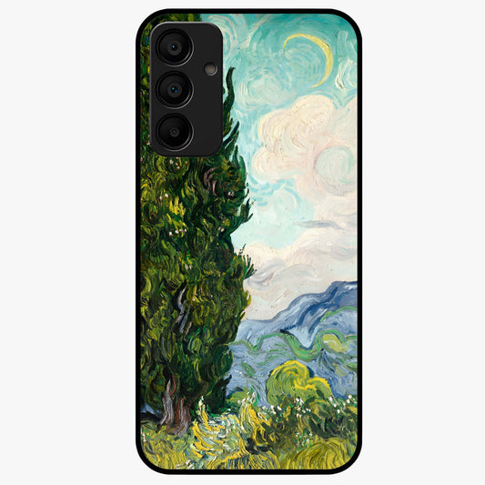 Van Gogh Vintage Art Glass Case showing flat back view with vintage painterly artwork inspired by Van Gogh style and glossy glass finish.