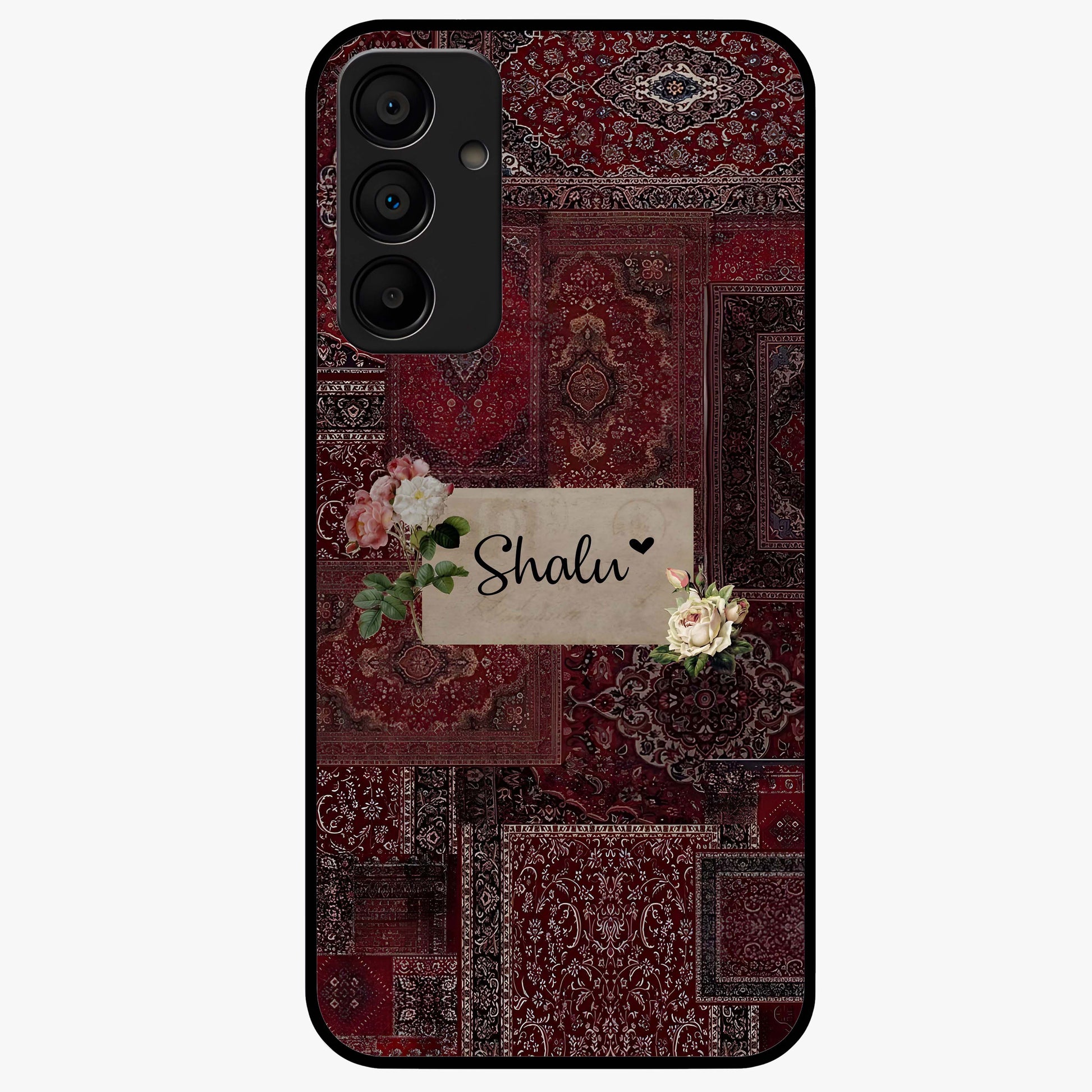 Velvet Wine Pattern Custom Name Glass Case showing flat back view with elegant wine colored pattern artwork and personalized name design.