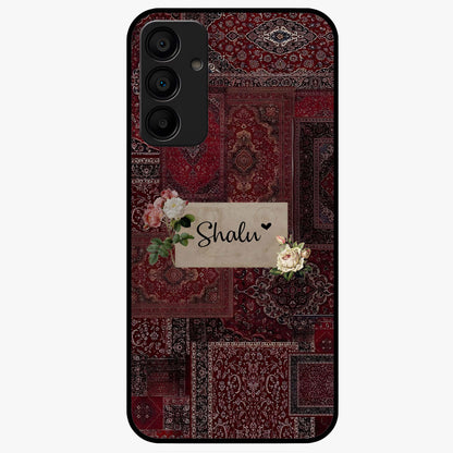 Velvet Wine Pattern Custom Name Glass Case showing flat back view with elegant wine colored pattern artwork and personalized name design.