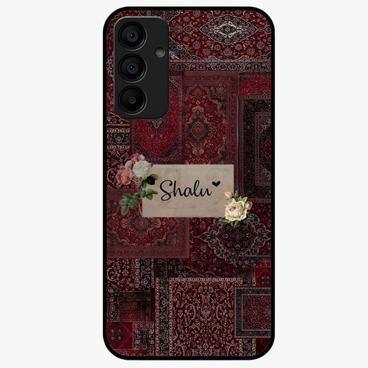 Velvet Wine Pattern Custom Name Glass Case showing flat back view with elegant wine colored pattern artwork and personalized name design.