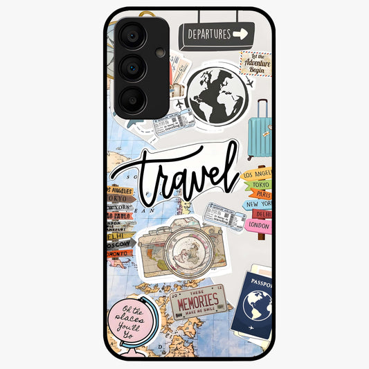 Wanderlust Journal Glass Case showing flat back view with travel inspired artwork and glossy glass finish.