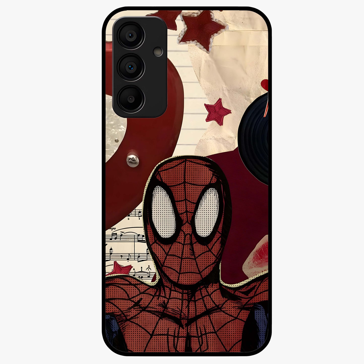 Web Warrior Vibes Glass Case showing flat back view with superhero inspired web themed artwork and glossy glass finish.