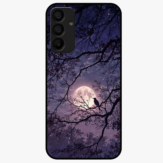 Whispering Moon Silence Glass Case showing flat back view with serene moon themed artwork and glossy glass finish.