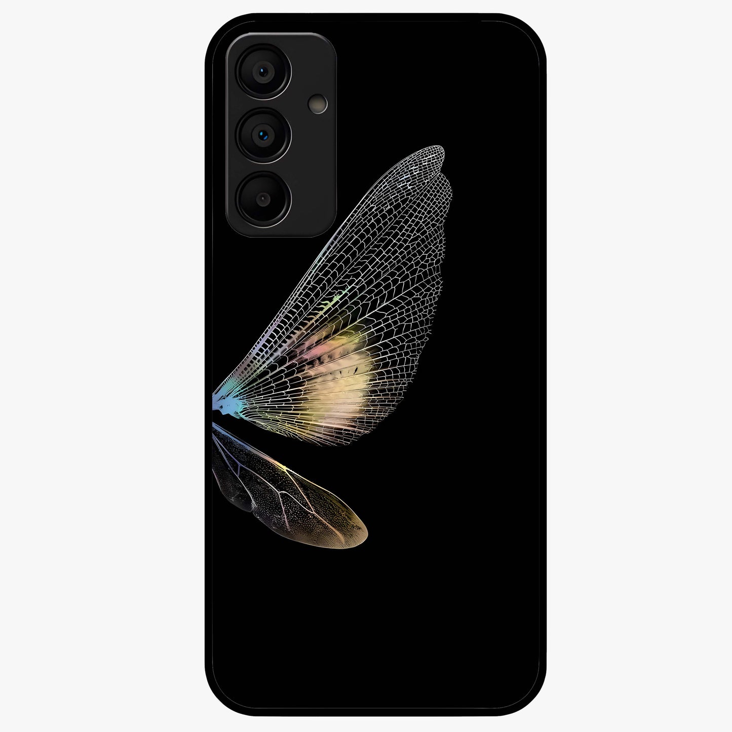 Whispers Of Wings Glass Case showing flat back view with graceful wing inspired artwork and glossy glass finish.