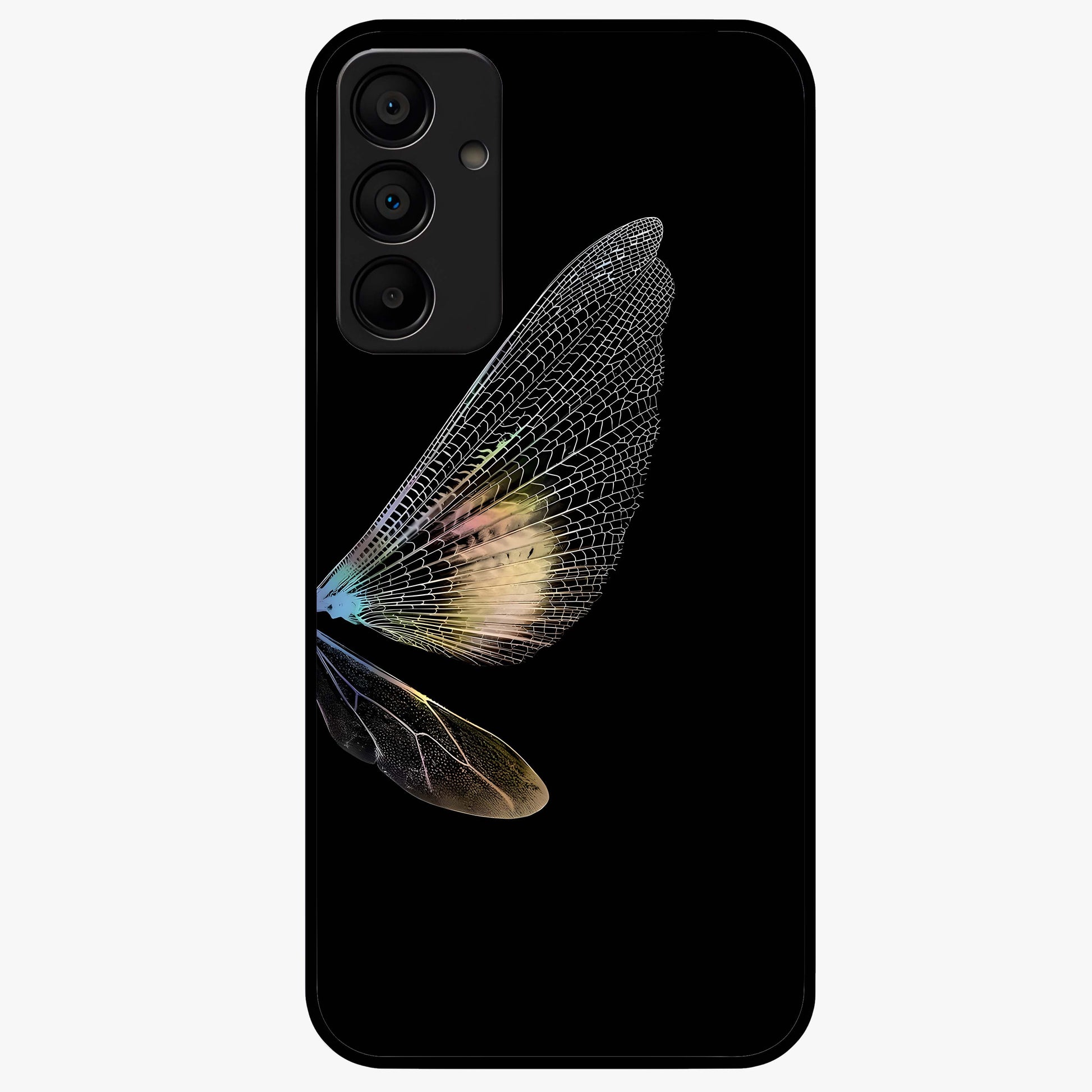 Whispers Of Wings Glass Case showing flat back view with graceful wing inspired artwork and glossy glass finish.