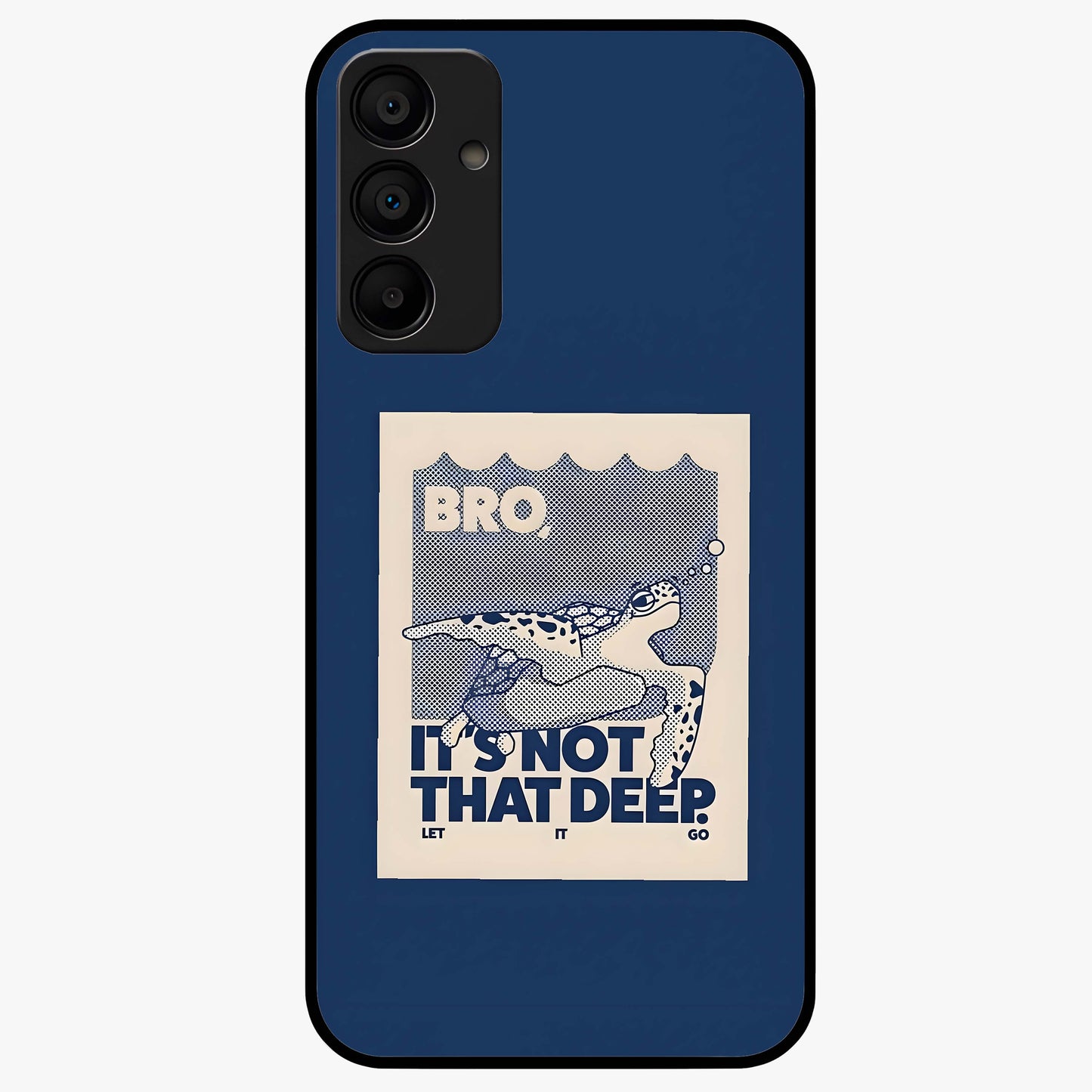 Worry Less Swim Glass Case showing flat back view with playful motivational artwork and glossy glass finish.