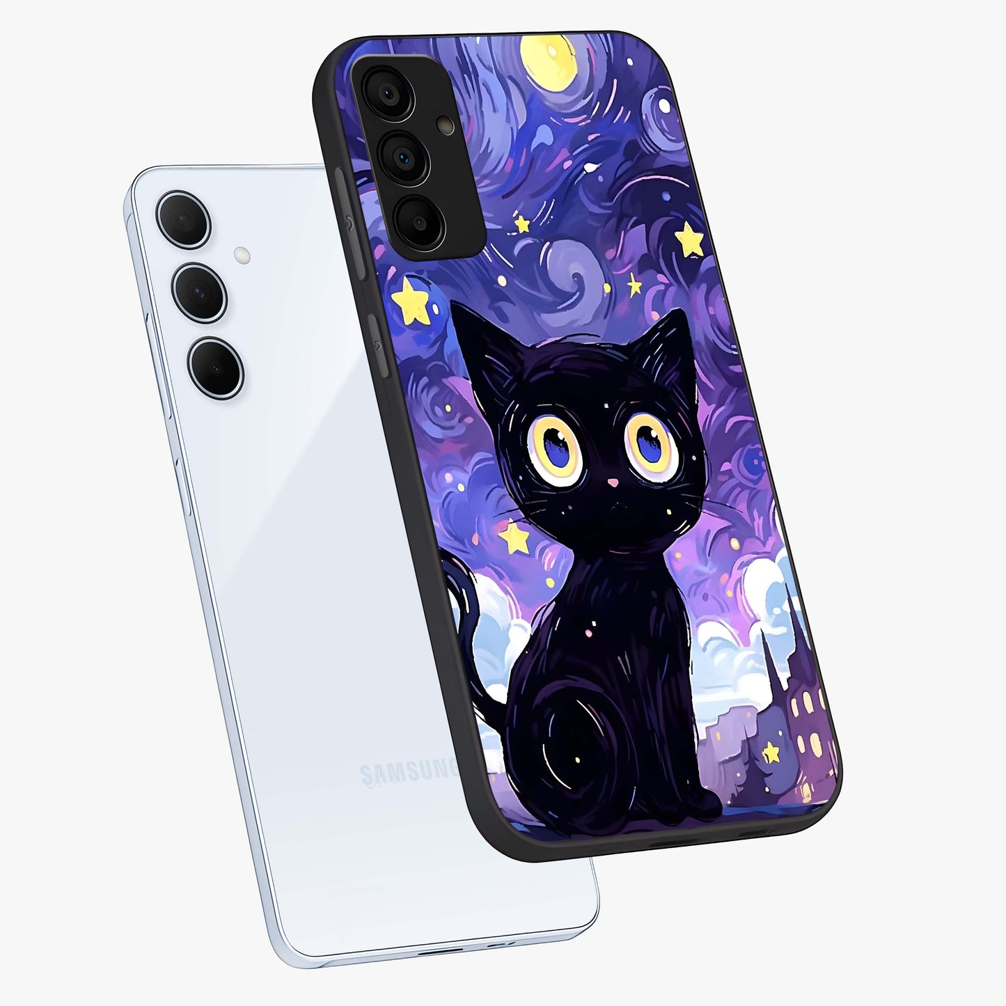 Abstract Cat Art Glass Case displayed in angled mockup highlighting modern abstract cat artwork and sleek glass surface.