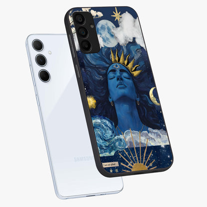 Aesthetic Lord Shiva Glass Case displayed in angled mockup highlighting spiritual Shiva illustration and sacred aesthetic design.