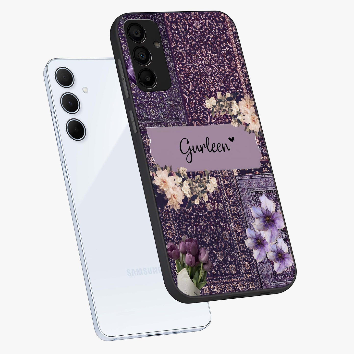 Antique Floral Whisper Custom Name Glass Case displayed in angled mockup highlighting elegant antique floral aesthetic.