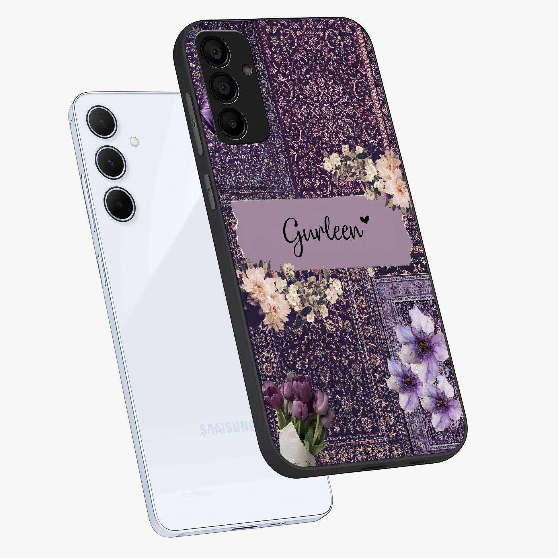 Antique Floral Whisper Custom Name Glass Case displayed in angled mockup highlighting elegant antique floral aesthetic.