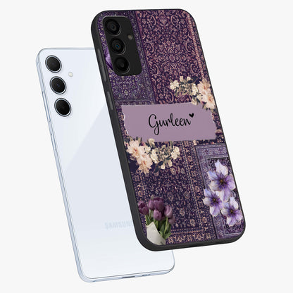 Antique Floral Whisper Custom Name Glass Case displayed in angled mockup highlighting elegant antique floral aesthetic.