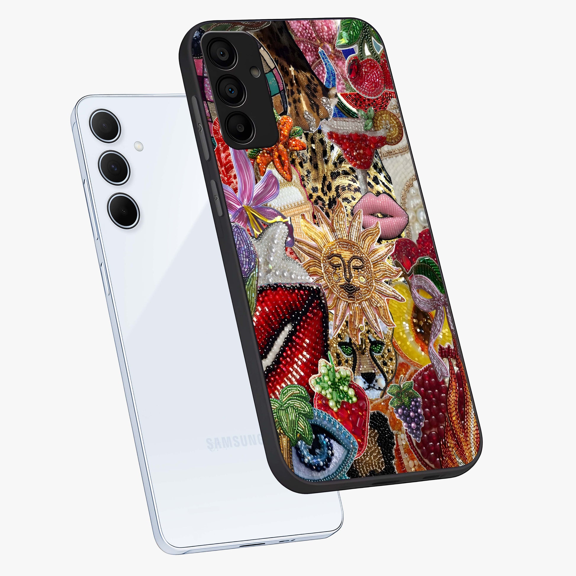 Beaded Fashion Jungle Glass Case displayed in angled mockup highlighting colorful fashion bead design and artistic pattern.