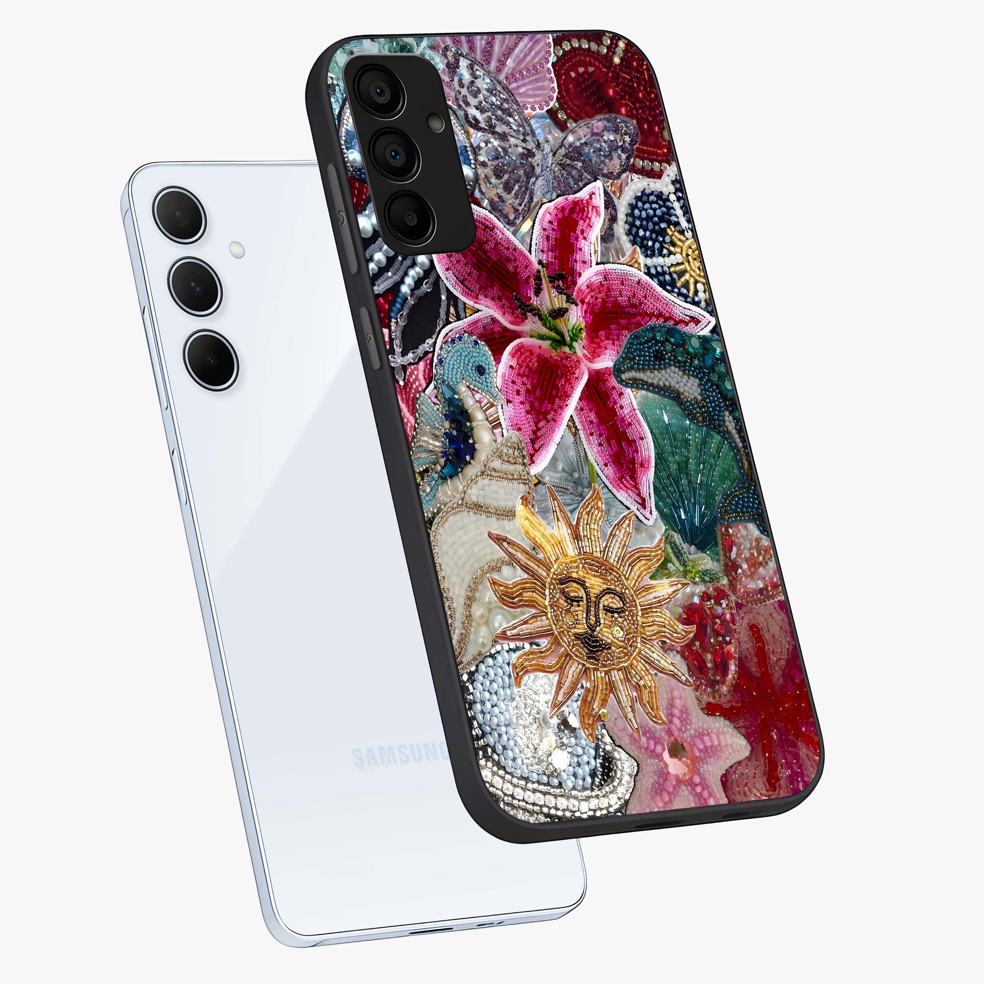 Beaded Garden Fantasy Glass Case displayed in angled mockup highlighting fantasy inspired floral bead pattern.