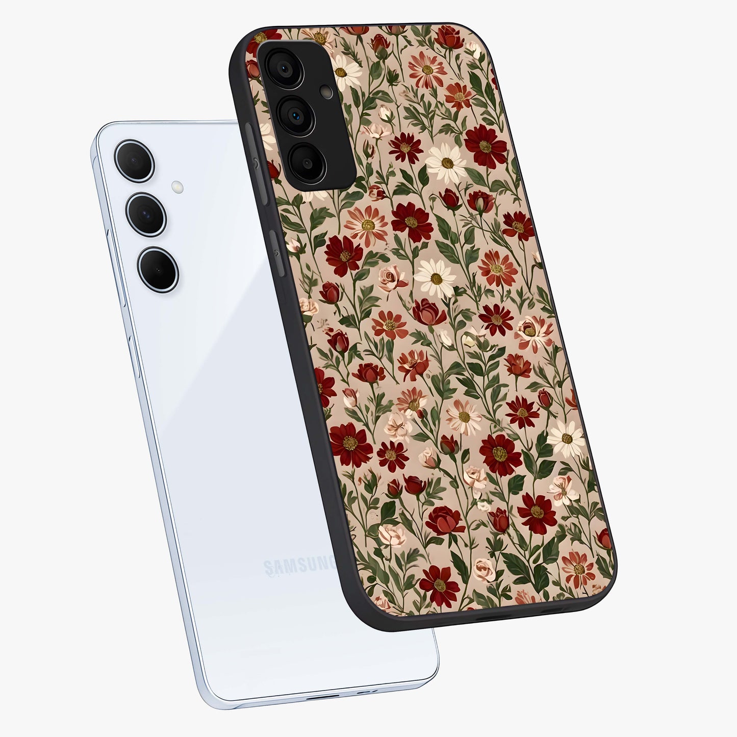 Biege Flower With Leaf Glass Case displayed in angled mockup highlighting minimal floral leaf design and elegant aesthetic.