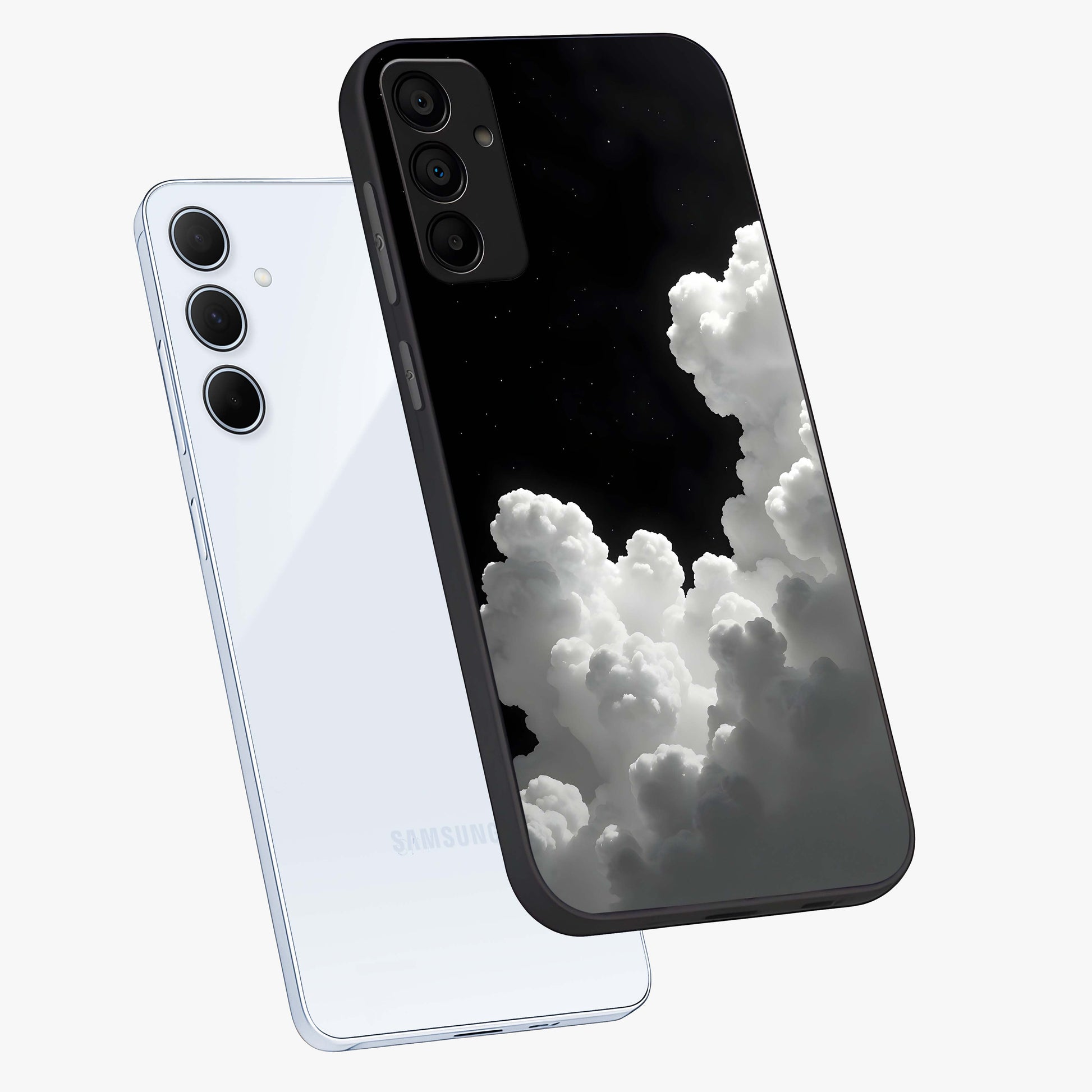 Black Background With White Cloud Glass Case displayed in angled mockup highlighting soft white cloud illustration and minimal design.