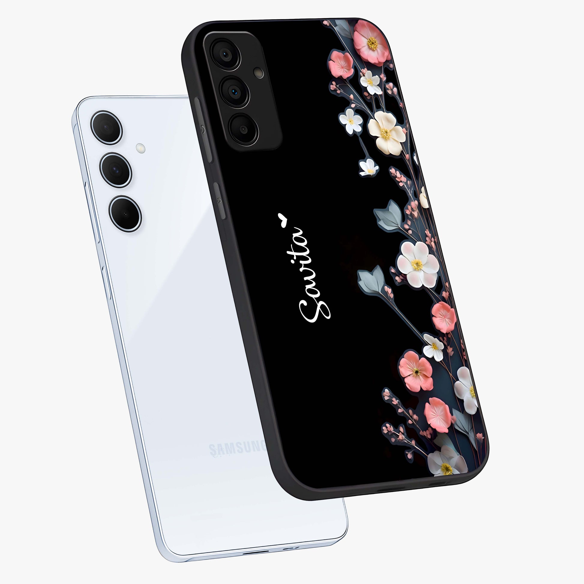 Black Elegance Floral Custom Name Glass Case displayed in angled mockup highlighting dark floral aesthetic and custom name feature.