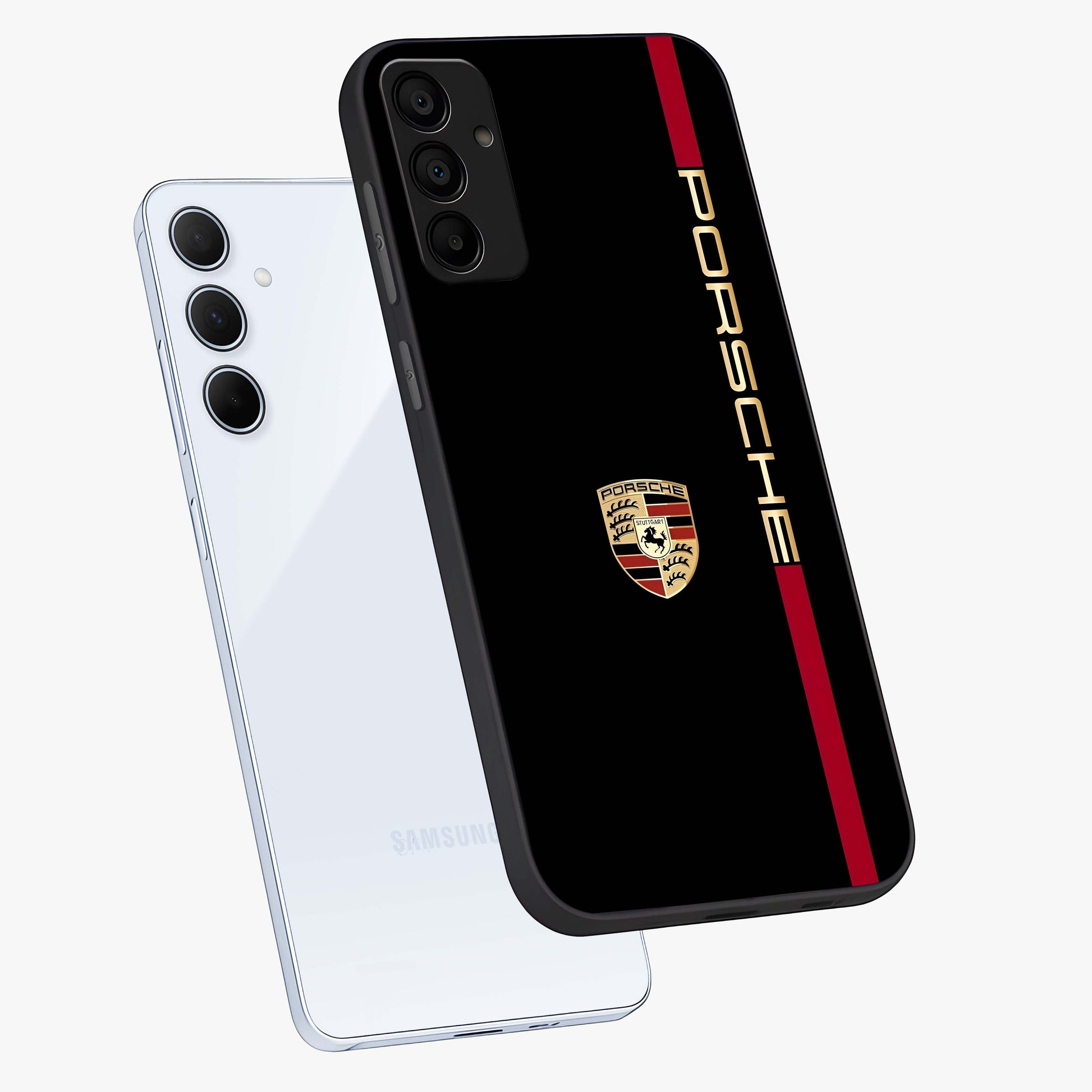 Black Minimal Porsche Glass Case displayed in angled mockup highlighting modern minimal car illustration and clean aesthetic design.