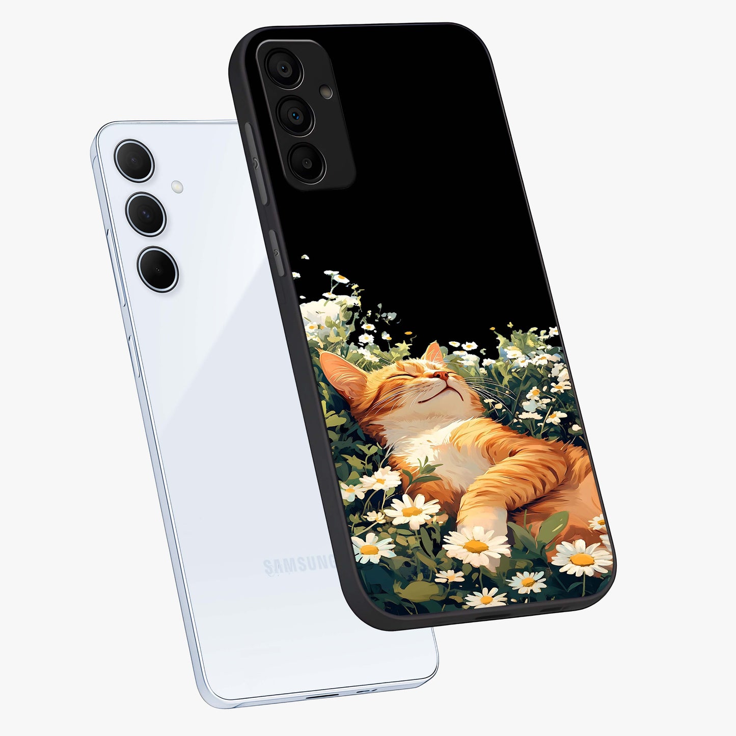 Blissful Bloom Cat Glass Case displayed in angled mockup highlighting playful feline illustration with soft floral aesthetic.