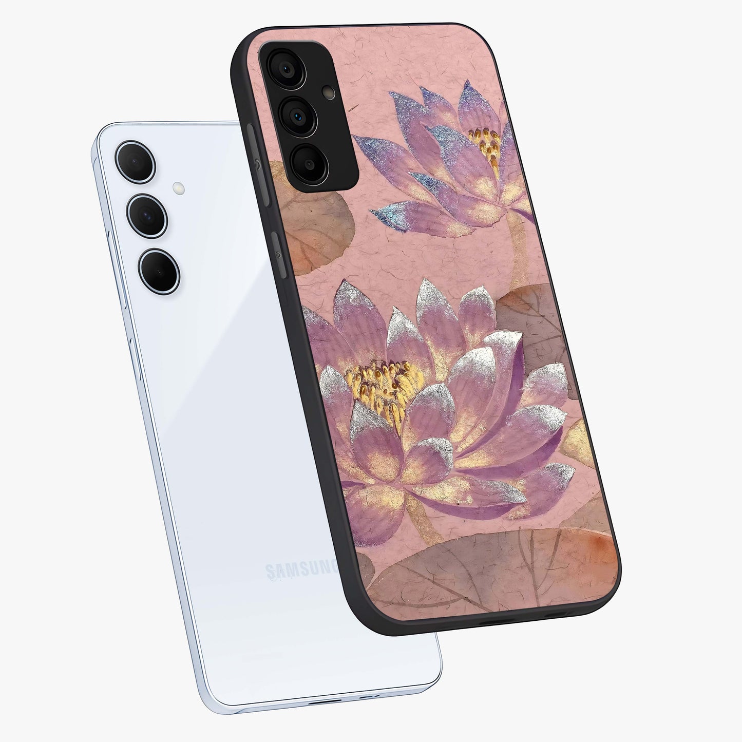 Blossom Mist Lotus Glass Case displayed in angled mockup highlighting delicate lotus illustration with calm aesthetic theme.