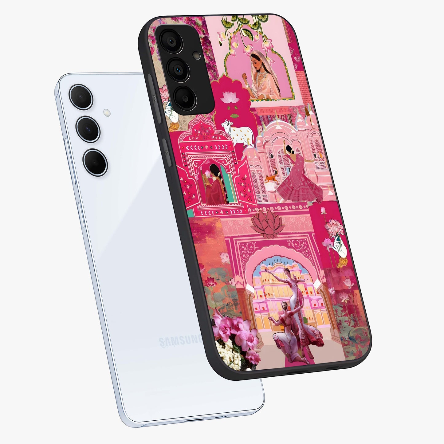 Blossoms of Rajasthan Glass Case displayed in angled mockup highlighting vibrant floral pattern with cultural aesthetic style.