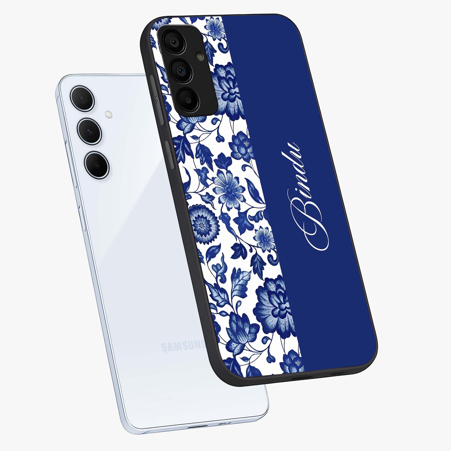 Blue Vintage Floral Pattern Glass Case displayed in angled mockup highlighting subtle bloom pattern with aesthetic pastel design.