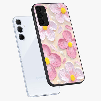 Blush Bloom Texture Glass Case displayed in angled mockup highlighting subtle bloom pattern with aesthetic pastel design.