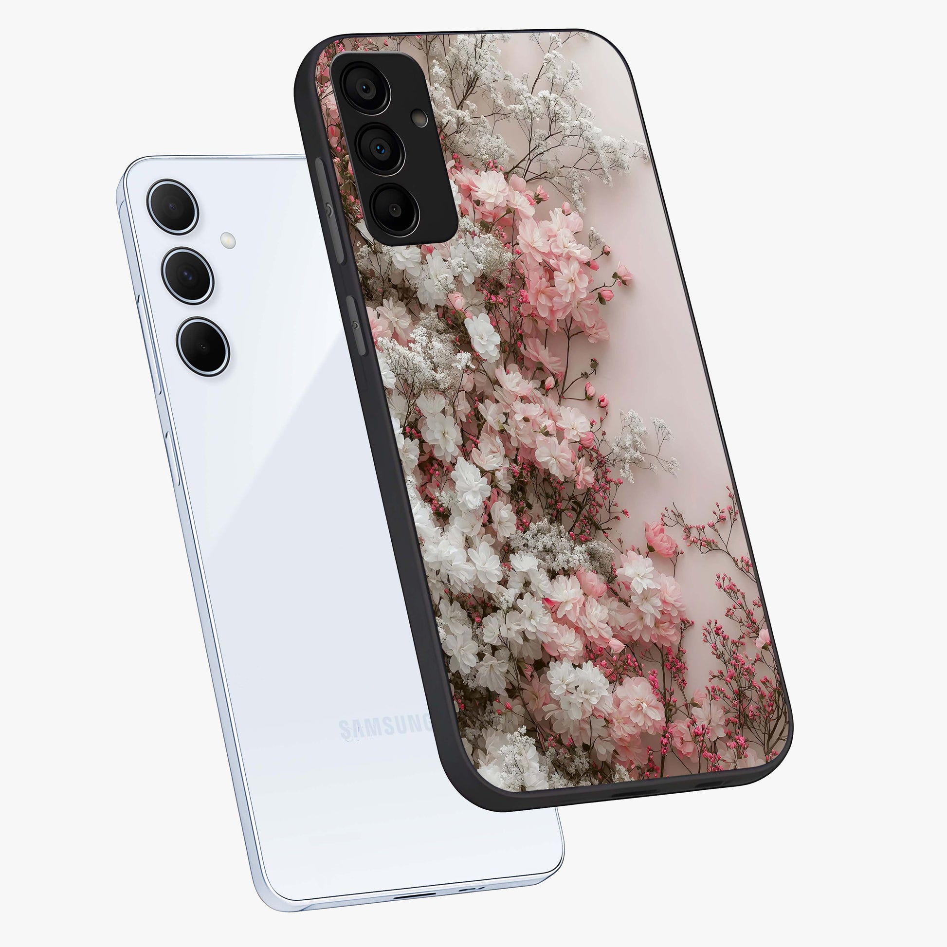 Blush Blossom Cloud Glass Case displayed in angled mockup highlighting soft cloud and blossom design with pastel aesthetic.