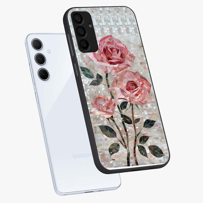 Blush Mosaic Bloom Glass Case displayed in angled mockup highlighting artistic mosaic flower pattern with aesthetic design.