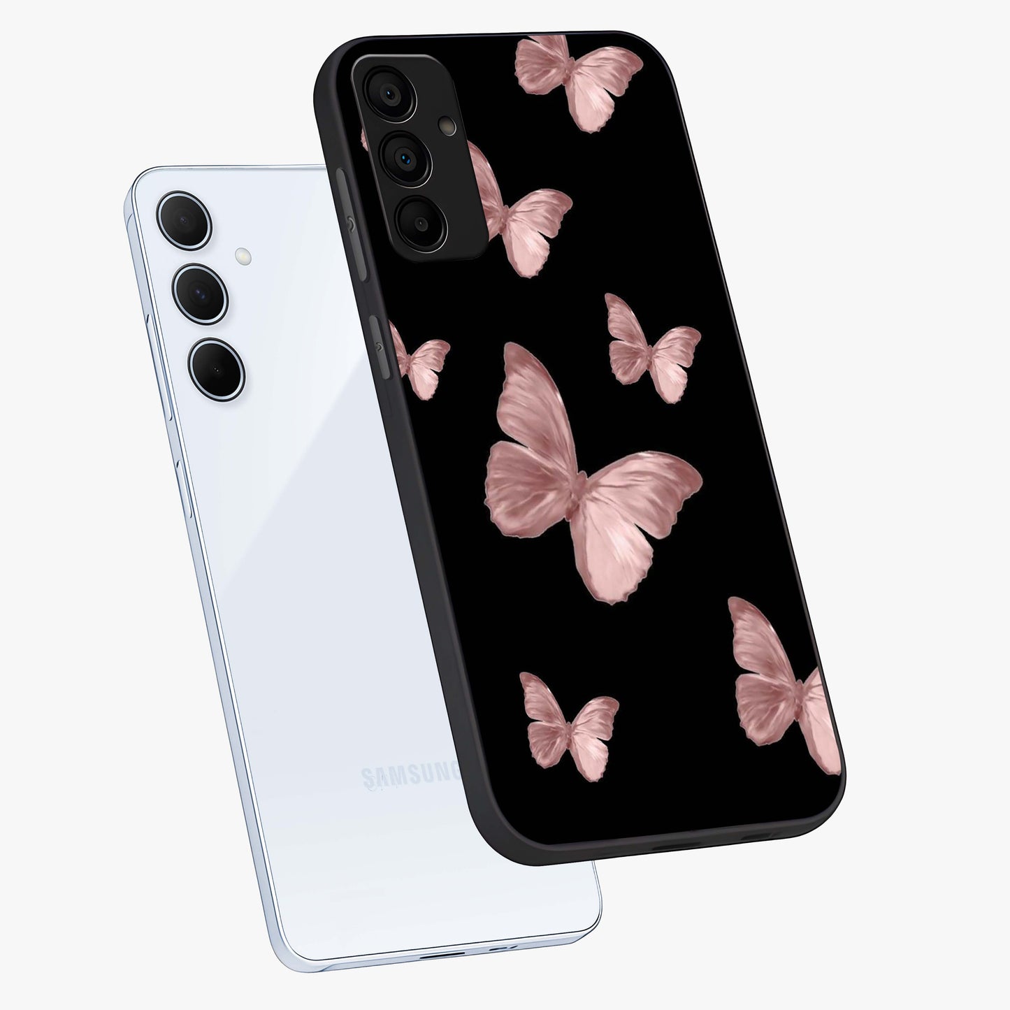 Butterfly Pattern Glass Case displayed in angled mockup highlighting delicate butterfly design and aesthetic pattern style.
