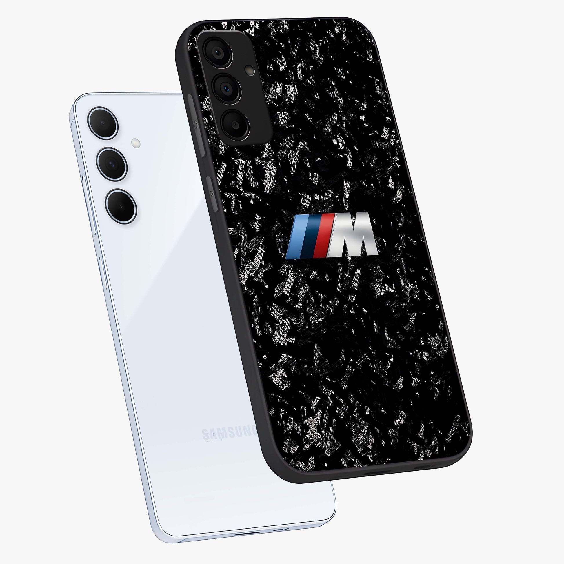 Carbon Speed Mark Glass Case displayed in angled mockup highlighting racing inspired carbon design and sleek aesthetic style.
