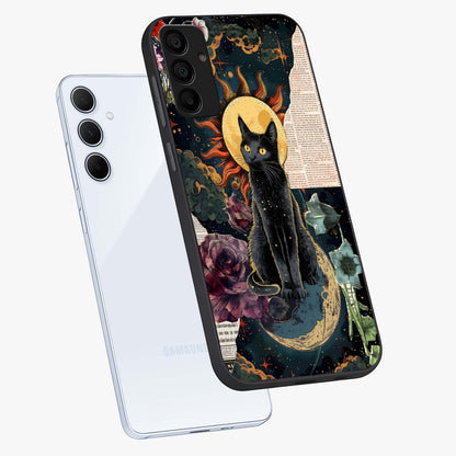 Celestial Black Cat Glass Case displayed in angled mockup highlighting cosmic black cat design with celestial aesthetic.