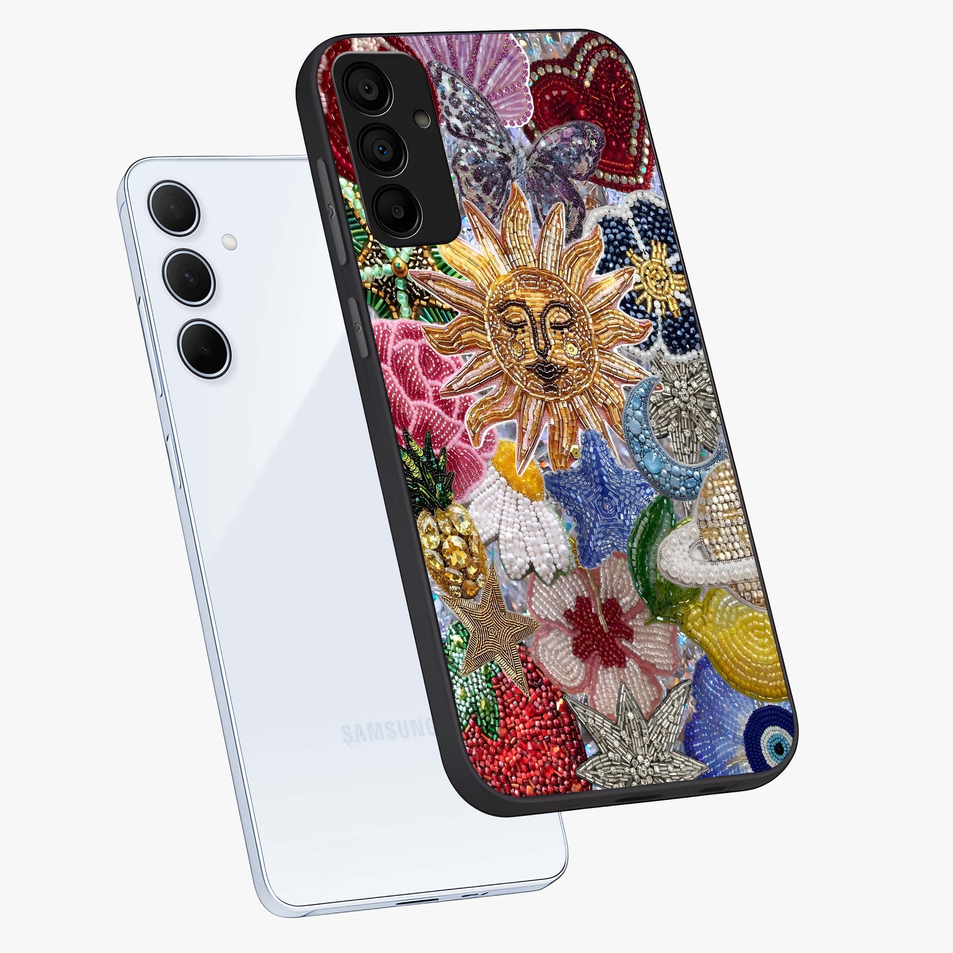 Celestial Floral and Playful Glass Case displayed in angled mockup highlighting playful floral design with dreamy celestial elements.