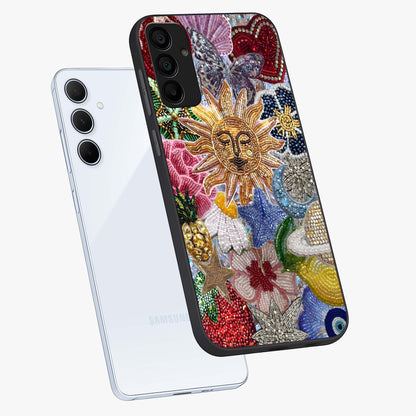 Celestial Floral and Playful Glass Case displayed in angled mockup highlighting playful floral design with dreamy celestial elements.