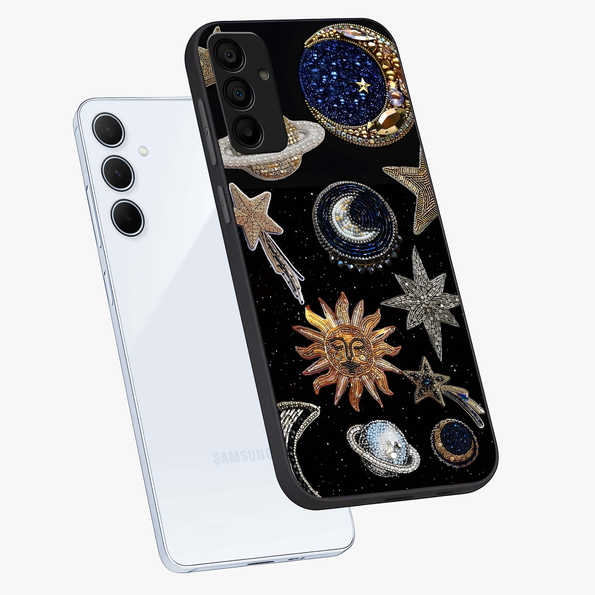 Celestial Gem Constellations Glass Case displayed in angled mockup highlighting gemstone inspired constellation design.