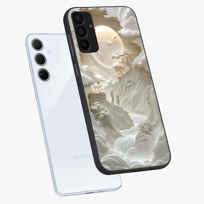 Celestial Origami Glass Case displayed in angled mockup highlighting geometric origami design with cosmic aesthetic theme.