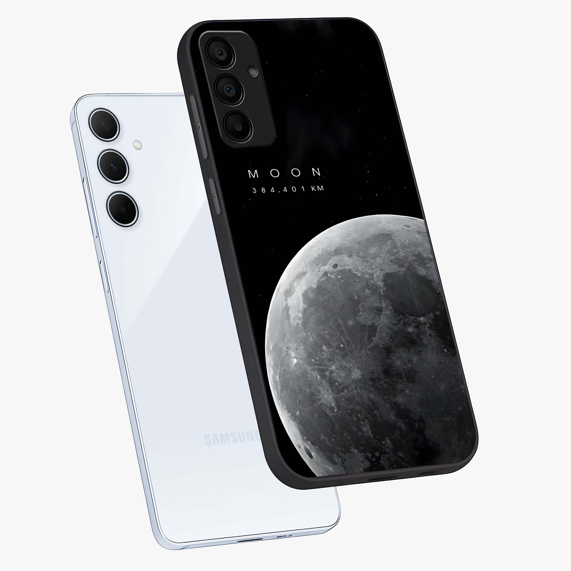 Cosmic Moon Glow Glass Case displayed in angled mockup highlighting celestial moon design with cosmic aesthetic theme.