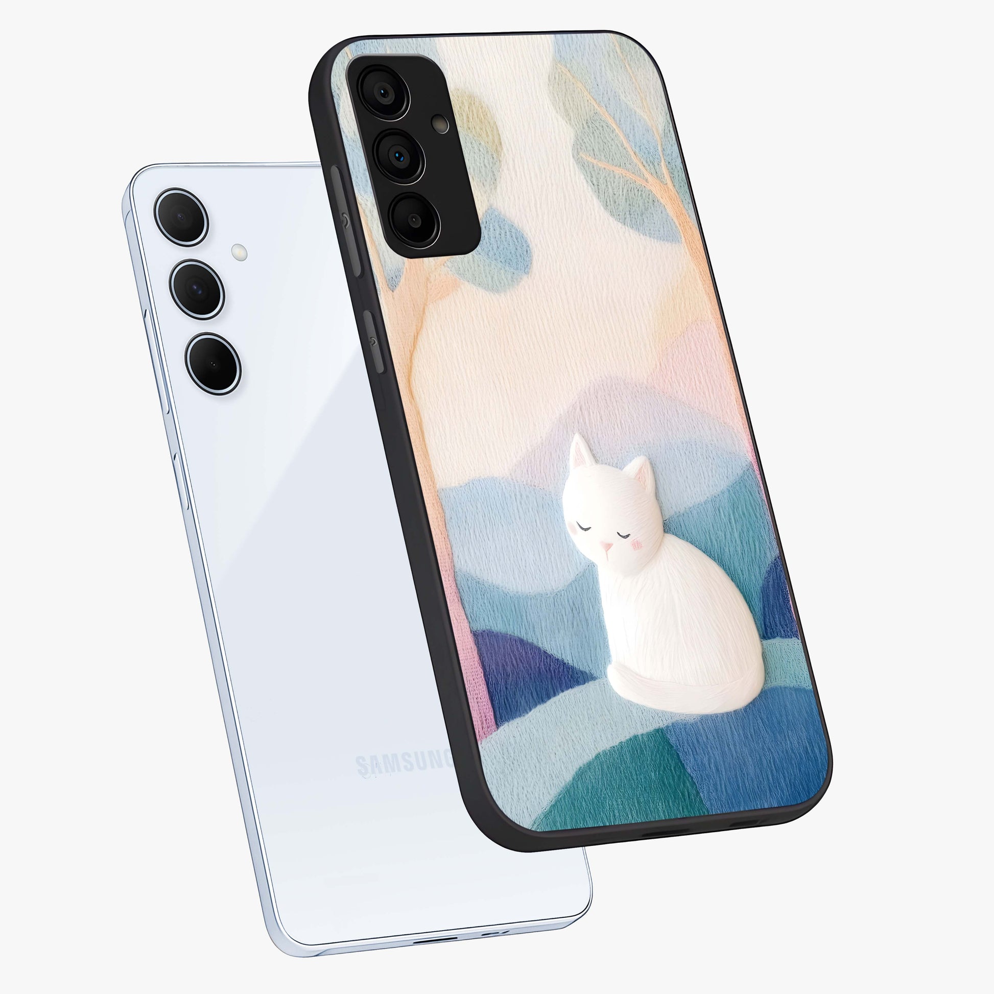 Cotton Dream Cat Glass Case displayed in angled mockup highlighting cute feline illustration with pastel aesthetic style.