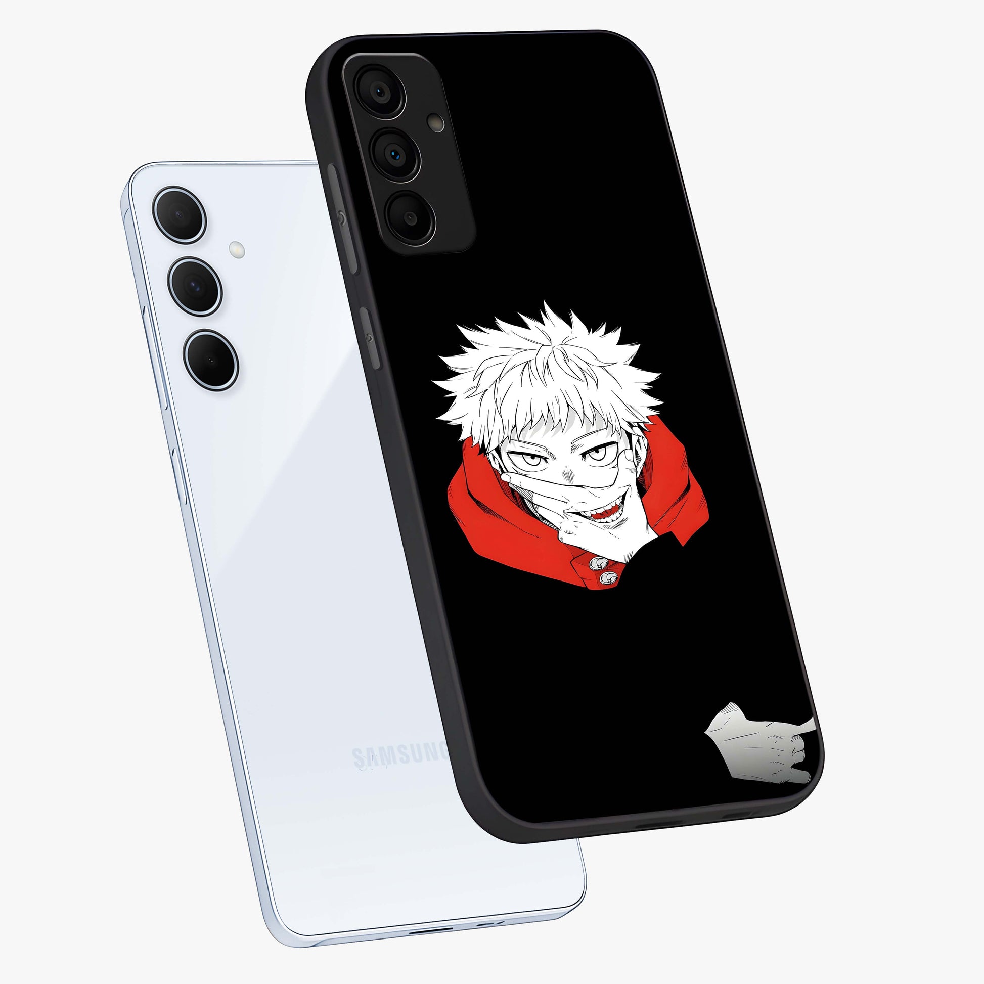 Crimson Chaos Smile Glass Case displayed in angled mockup highlighting edgy crimson smile design with graphic aesthetic.