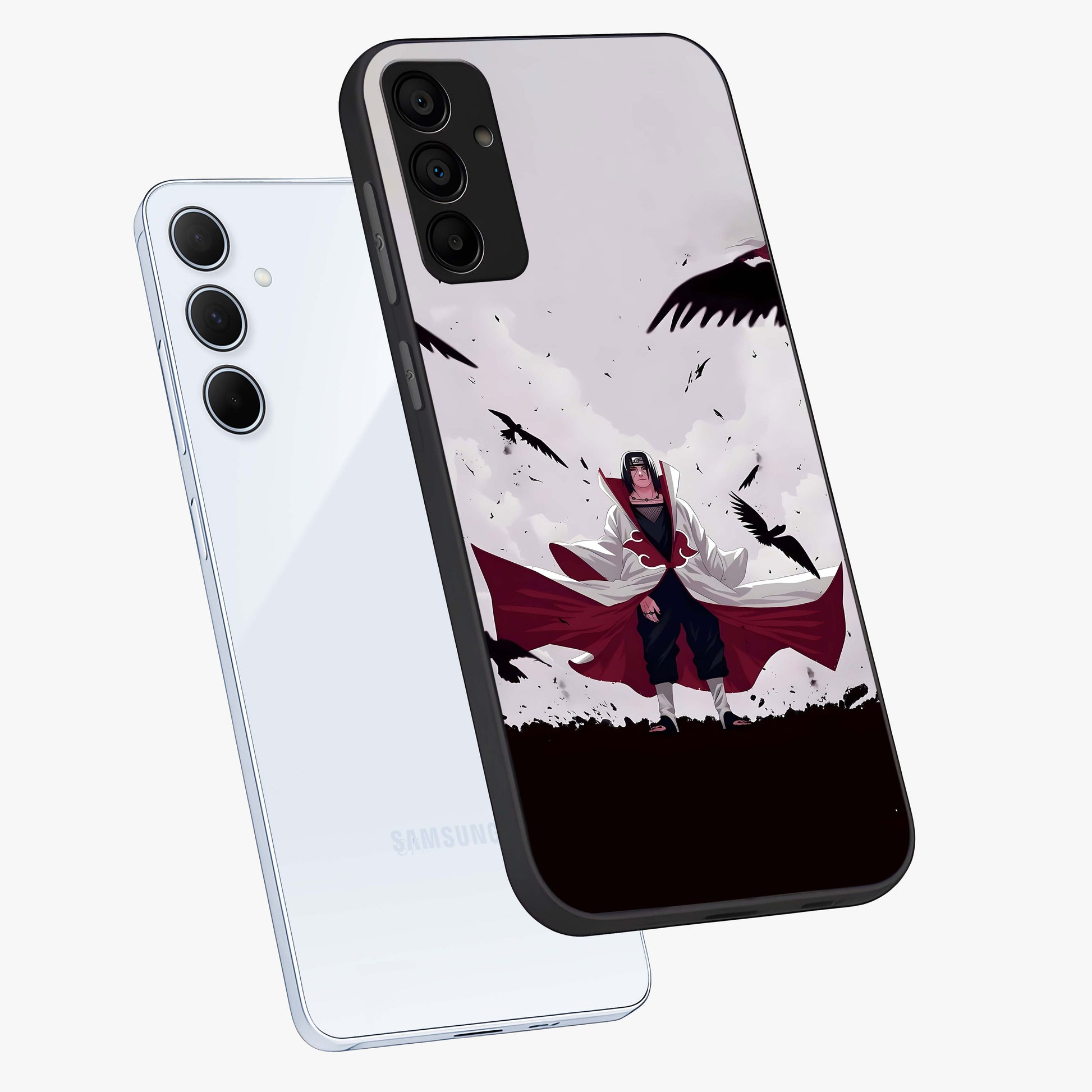 Crimson Crow Ascension Glass Case displayed in angled mockup highlighting powerful crow illustration with dark crimson aesthetic.